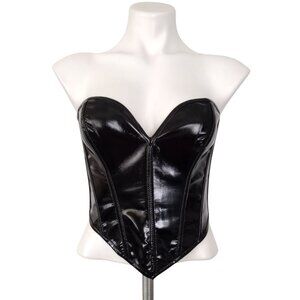 Black Strapless Shiny PU Leather Wet Look Bustier Corset Crop Top